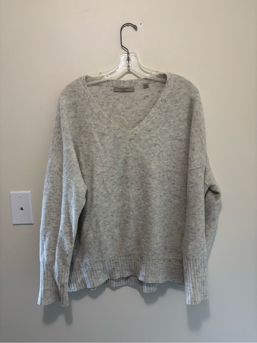 AllSaints Alpha V-Neck Melange Wool Blend Oversized Sweater Light Gray M